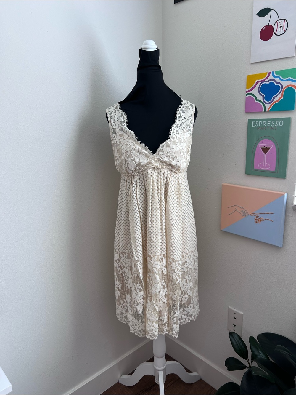 BCBGMAXAZRIA Cream Lace Babydoll Dress – Romantic Sheer Overlay Mini Dress